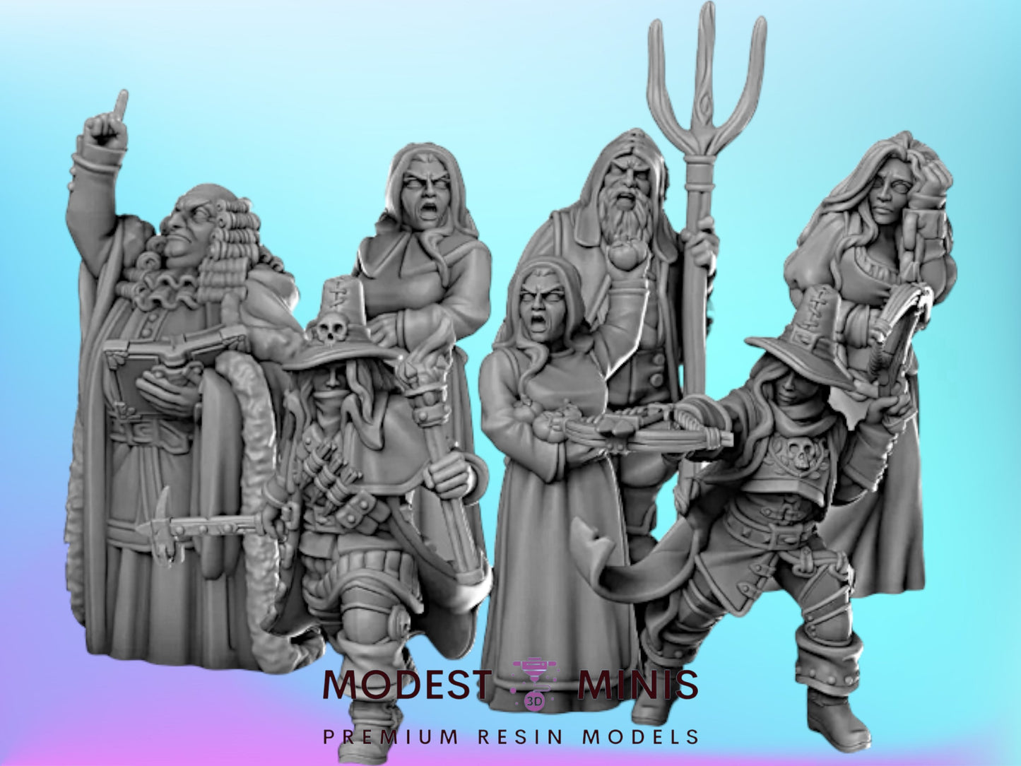 four detailed figurines of fantasy characters, each with unique poses and accessories, set against a blue background.