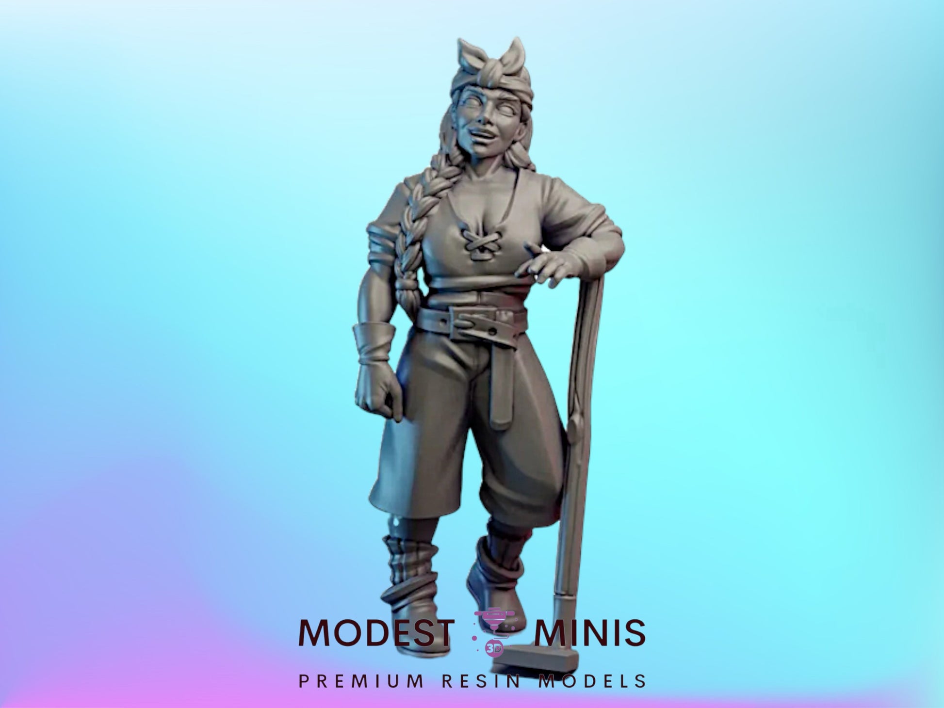 A statue of a person wearing a headdress and holding a staff, standing against a blue background.