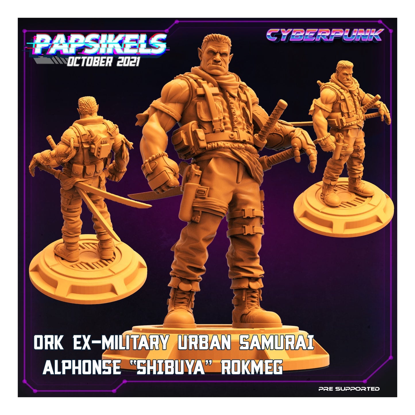 Orc Military Urban Samurai Alphonse - 32mm Scale Cyberpunk Miniature  | Alien | Papsikels