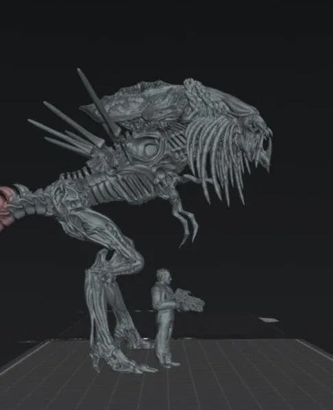 a large, imposing dinosaur-like creature with sharp teeth and claws, standing on a platform and facing a smaller human figure.