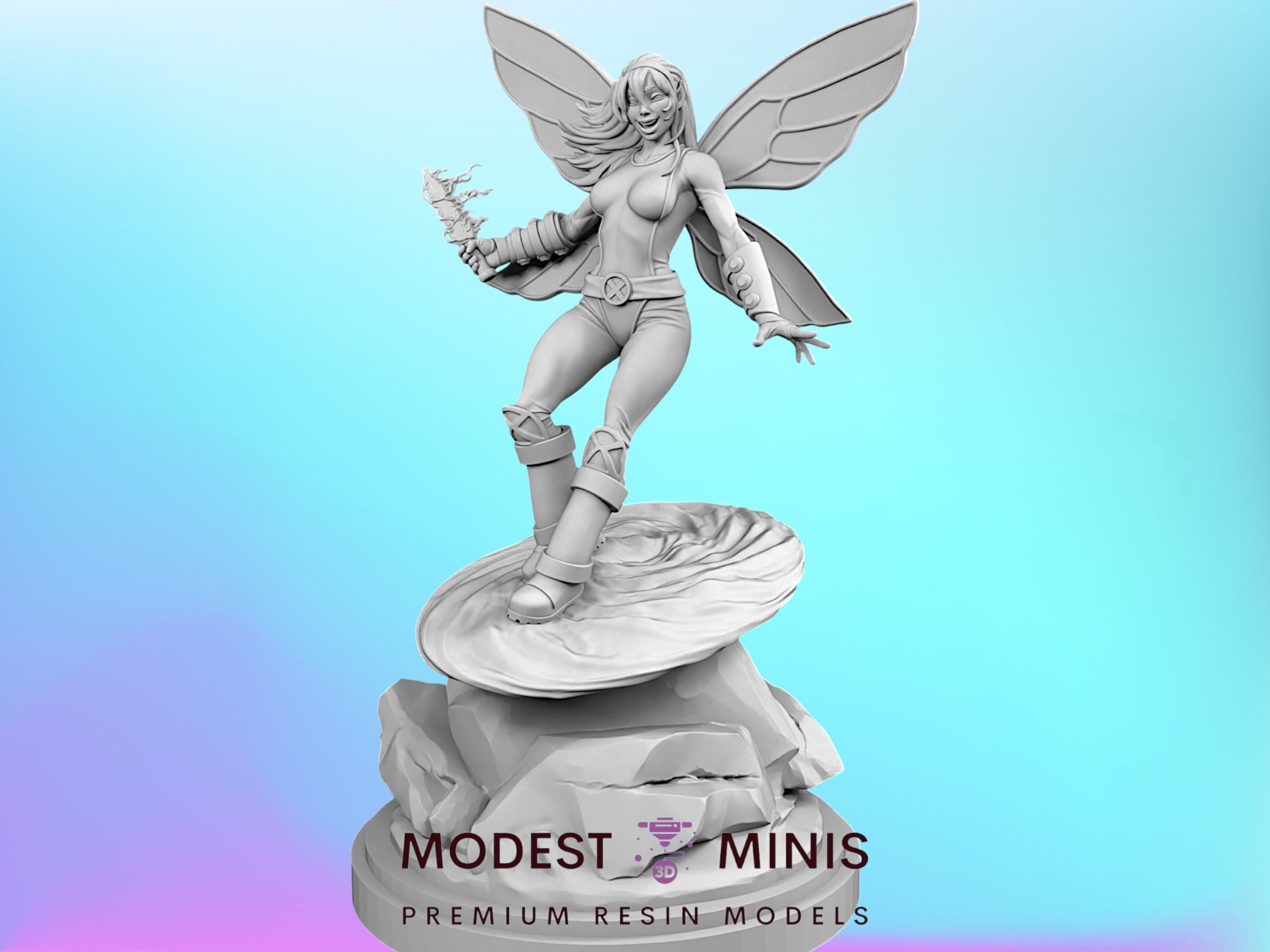 A 3D model of a fairy-like character with wings, standing on a rock and holding a weapon.