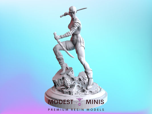 A 3D model of a female character with a sword, standing on a pedestal and holding a weapon.