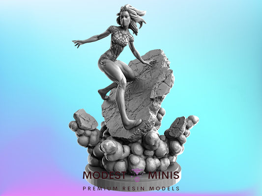 a female character in a dynamic pose, surrounded by a rocky landscape and a cloud of dust, with the text "MODEST & MINIS PREMIUM RESIN MODELS" at the bottom.