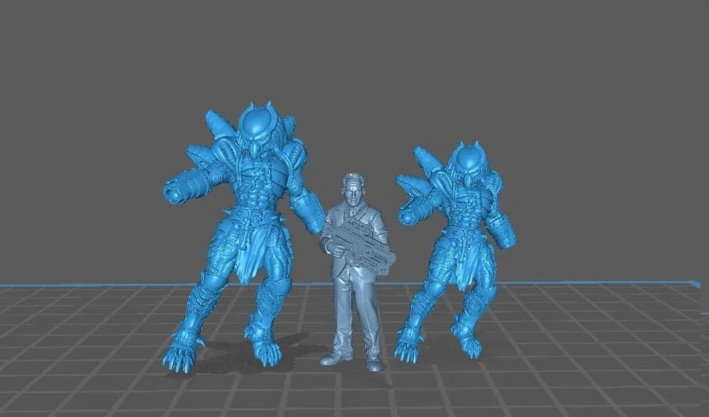 a 3D rendering of two blue predators and a human figure, all standing on a grid-like surface.
