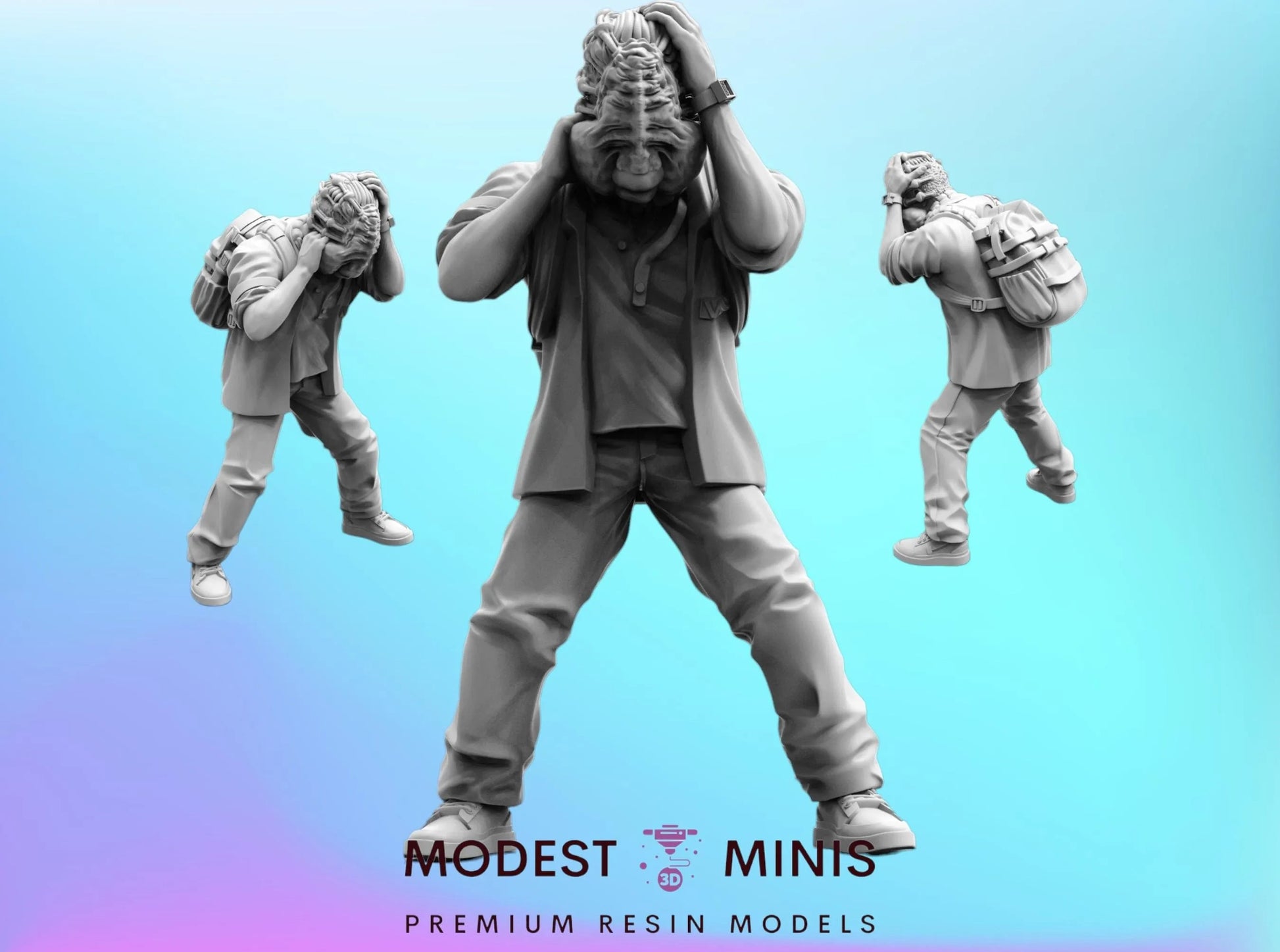 The image is a collage of three figures, each with a backpack, against a blue background. The central figure is holding his head in his hands, while the other two figures are walking or standing nearby.