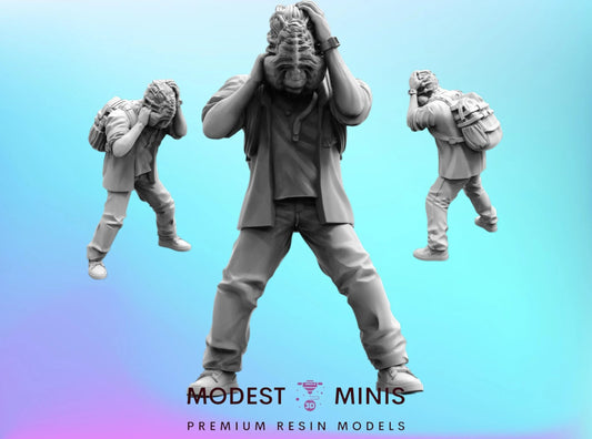 The image is a collage of three figures, each with a backpack, against a blue background. The central figure is holding his head in his hands, while the other two figures are walking or standing nearby.