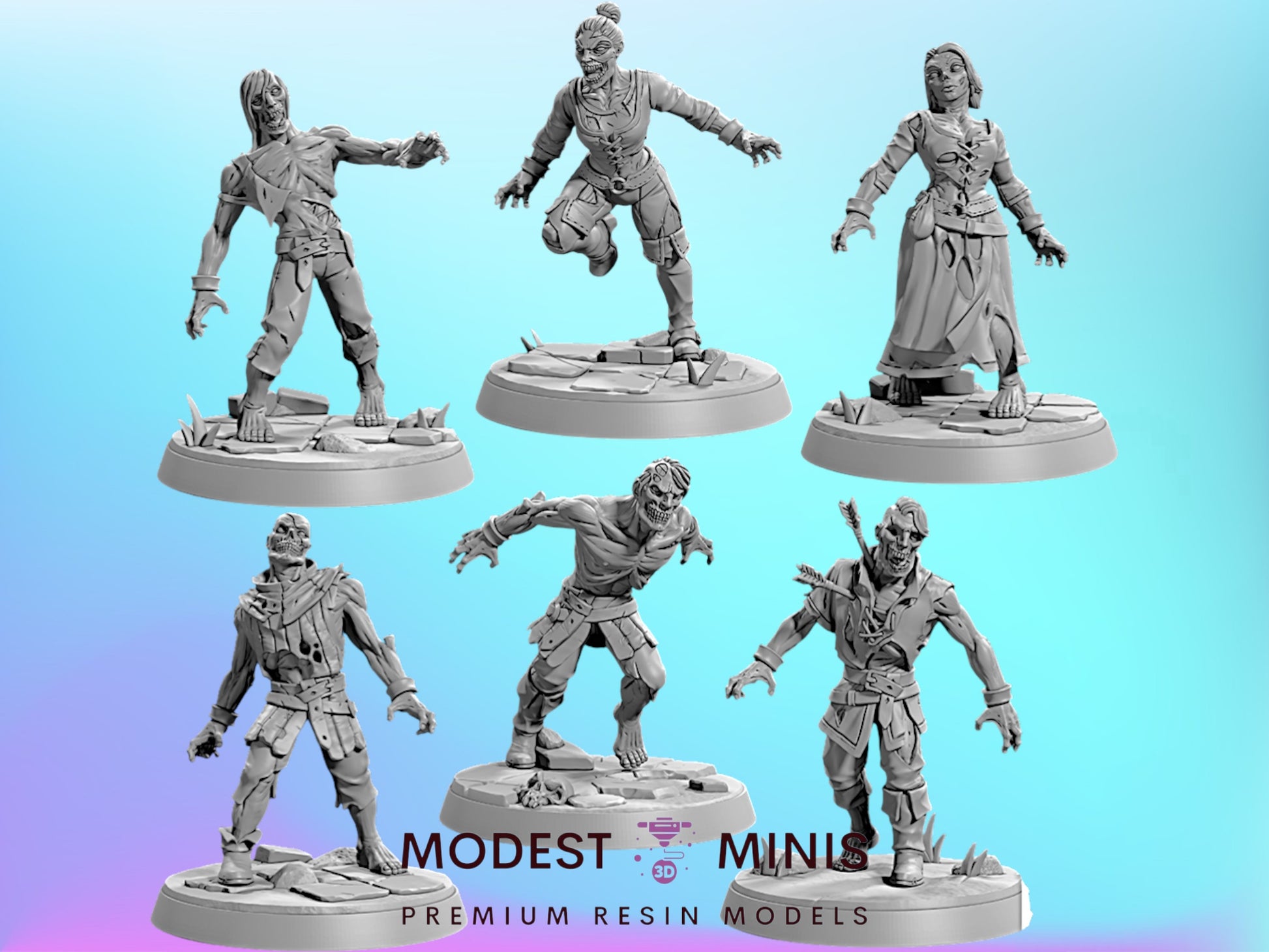 six different models of zombie characters, each with unique poses and expressions, arranged in a grid-like pattern against a blue background.