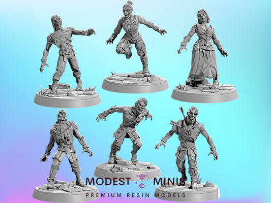 six different models of zombie characters, each with unique poses and expressions, arranged in a grid-like pattern against a blue background.