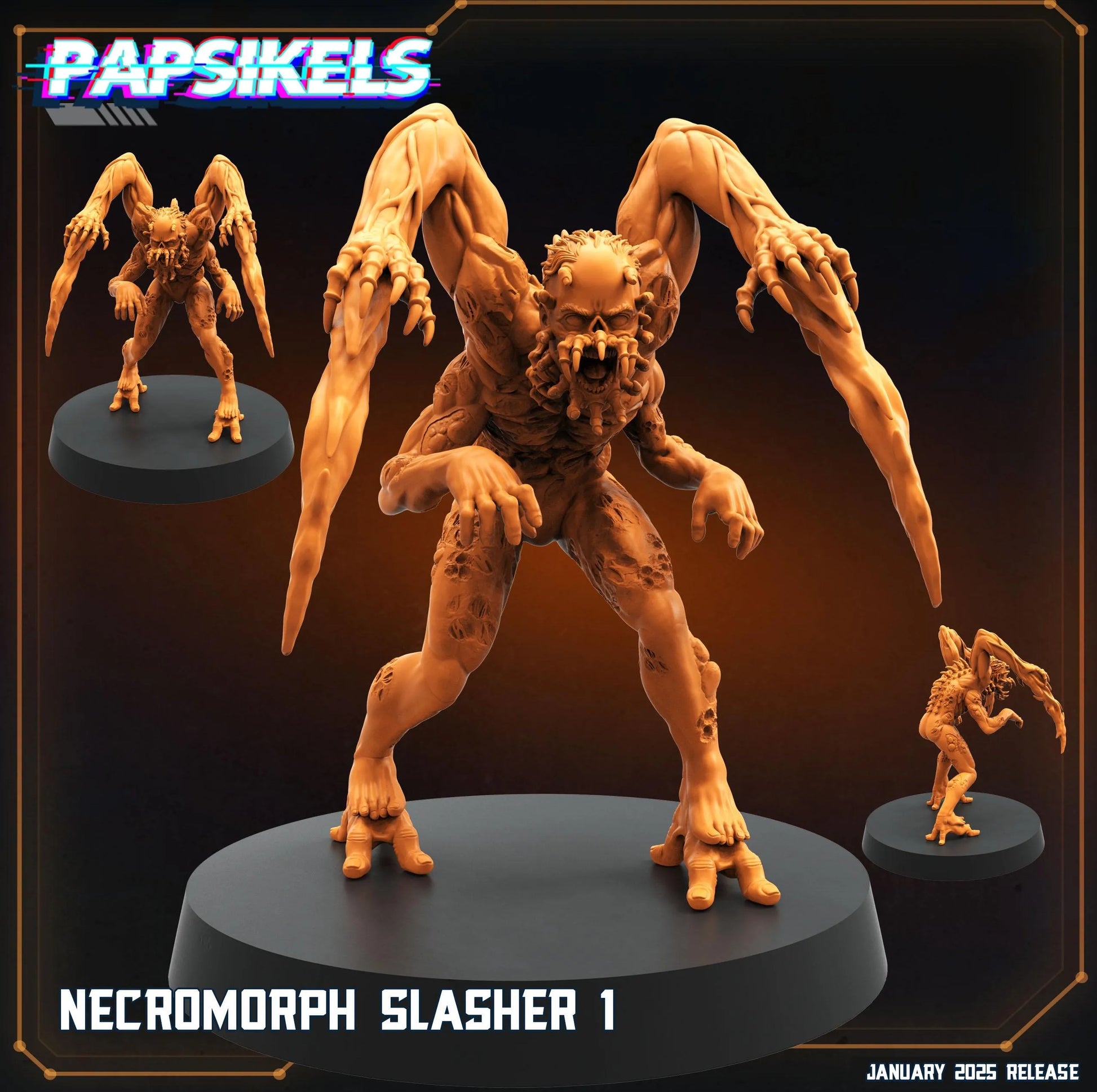a large, menacing creature resembling a slug or parasite, with a menacing expression and sharp claws. The creature is shown in three different poses, with one standing on a platform and the other two smaller figures positioned nearby. The image is a collage of multiple images, and the text "NECROMORPH SLASHER 1" is prominently displayed, indicating the name of the creature and its type.