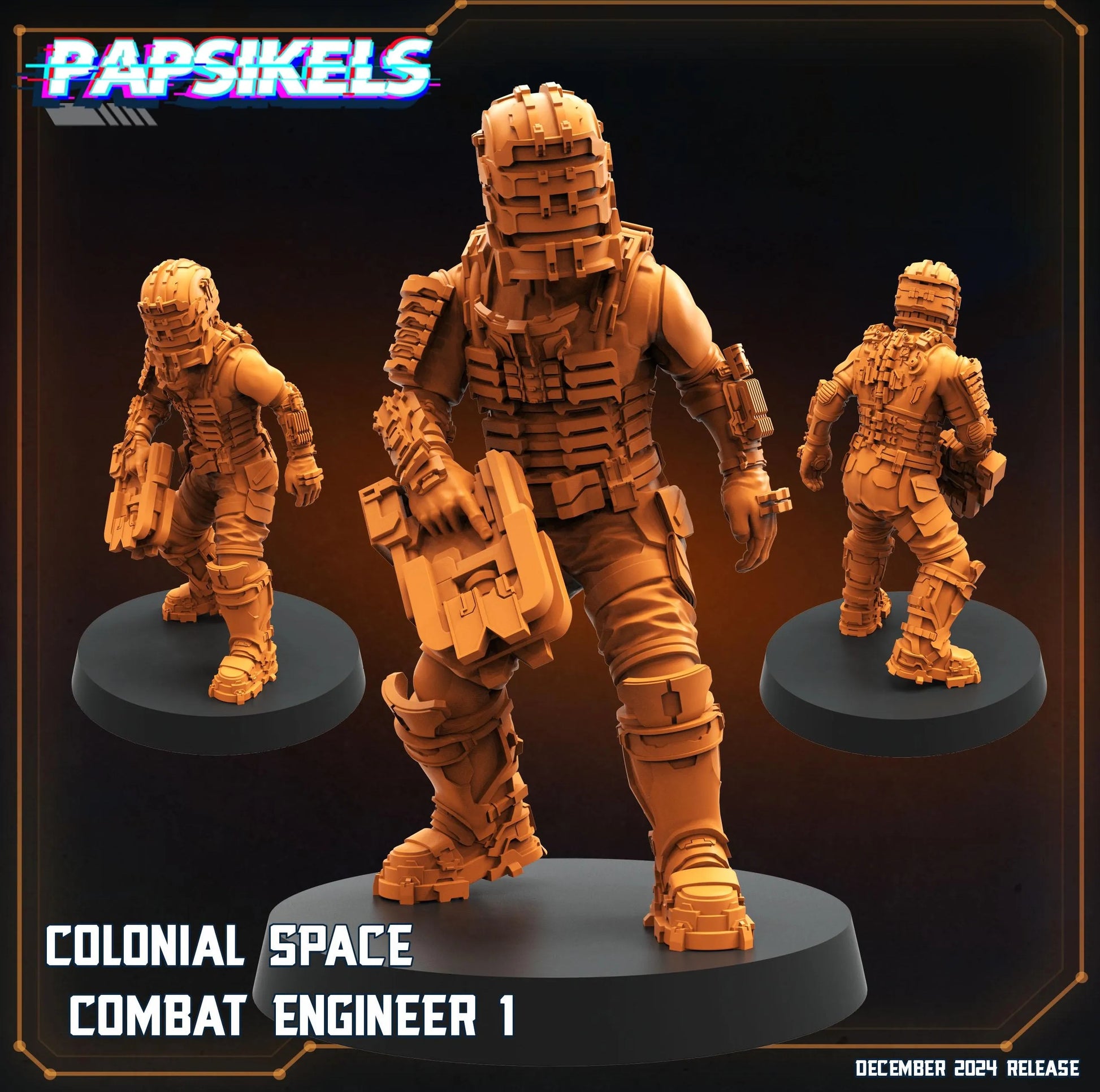 The image is a promotional poster for a video game called "Colonial Space Combat Engineer 1". It features three 3D models of a combat engineer character, each in a different pose, against a dark background.