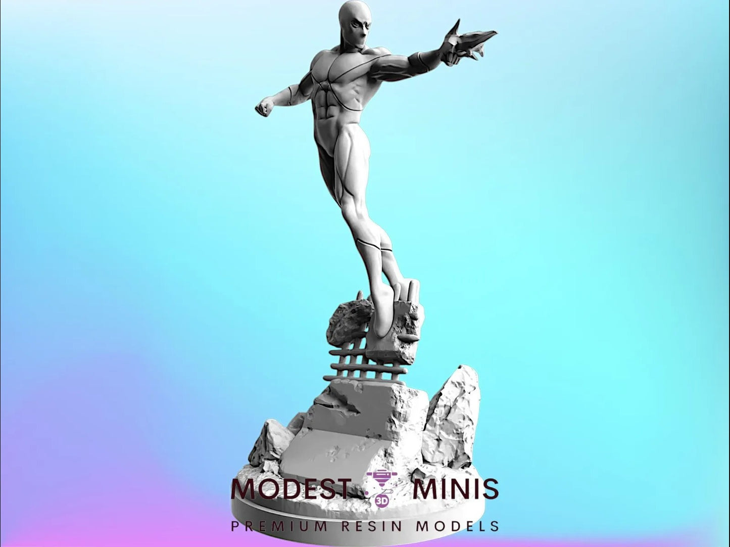 A 3D model of a superhero statue, standing on a rock formation and appearing to be in mid-flight.