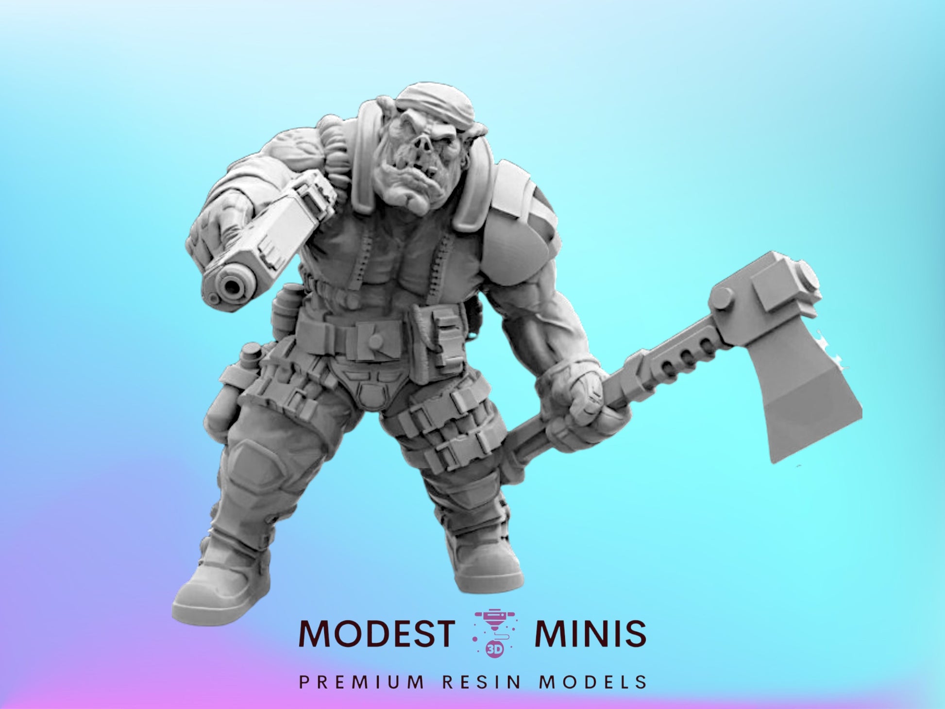 A 3D model of a heavily armored and armed character, likely a fantasy or science fiction character, is shown against a blue background.