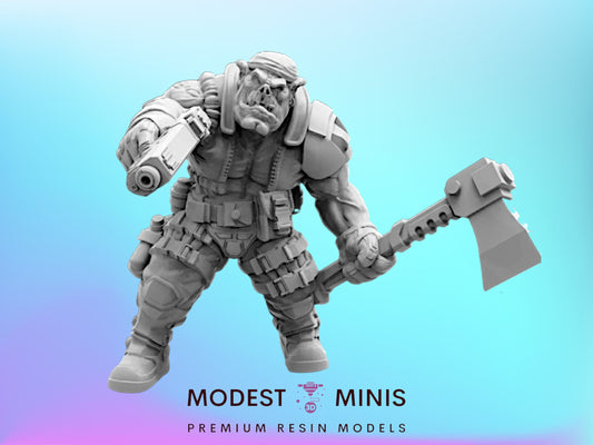 A 3D model of a heavily armored and armed character, likely a fantasy or science fiction character, is shown against a blue background.