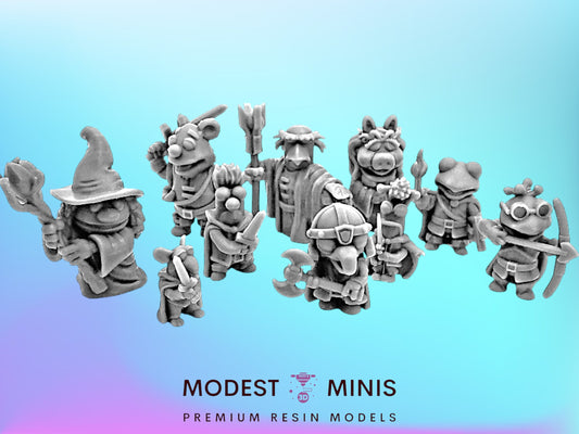 a collection of miniature figurines, including gnomes, animals, and other fantastical characters, arranged in a row against a blue background.