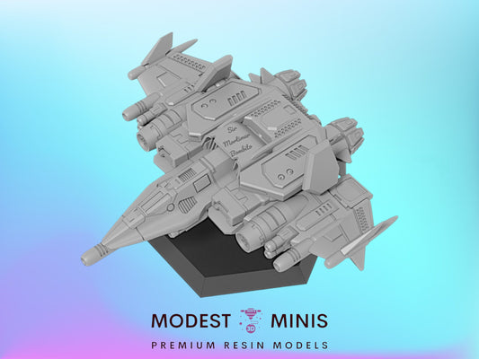 A 3D model of a futuristic-looking spaceship or aircraft, with various mechanical and technological features, displayed against a gradient background.