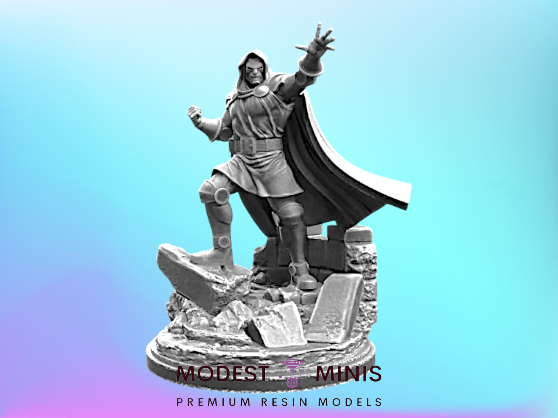 A statue of a person in a cape and hood, standing on a rocky base and appearing to be in a fighting stance.