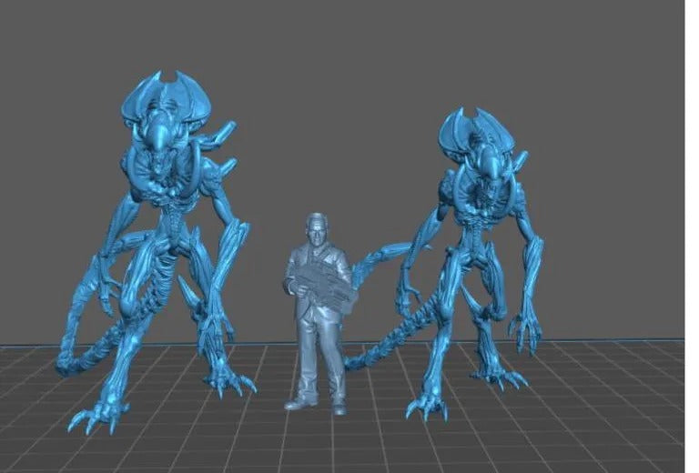 A 3D rendering of two alien creatures and a human figure, all depicted in a blue color.