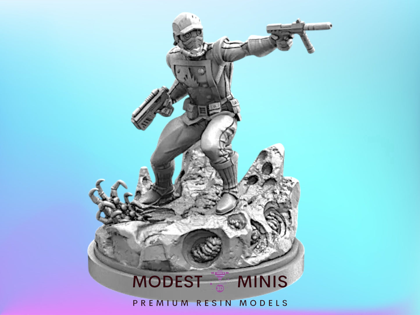 A 3D model of a soldier holding a gun and aiming it, standing on a rocky base.