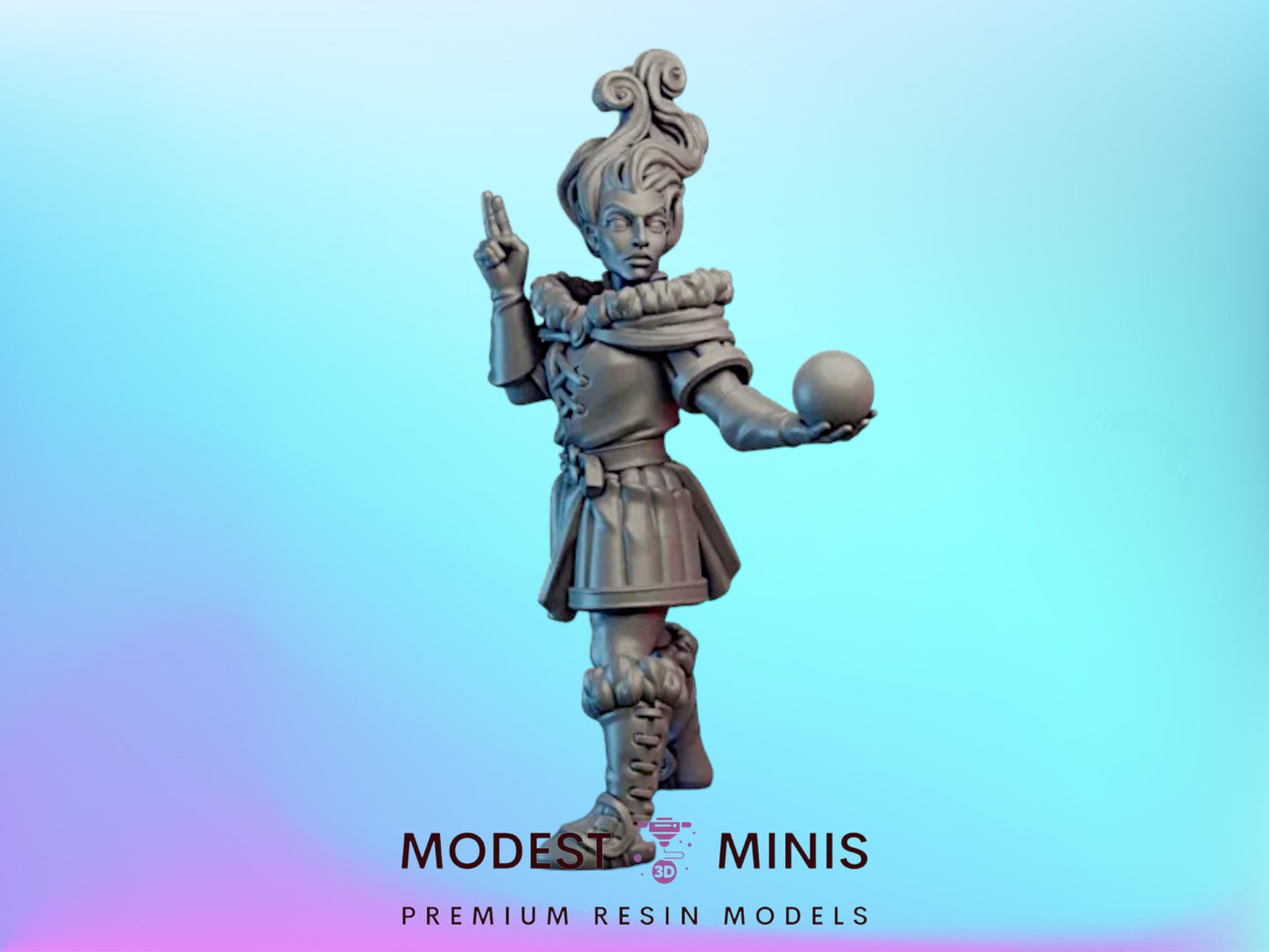 A statue of a person holding a ball and a sword, with a stylized and intricate design.