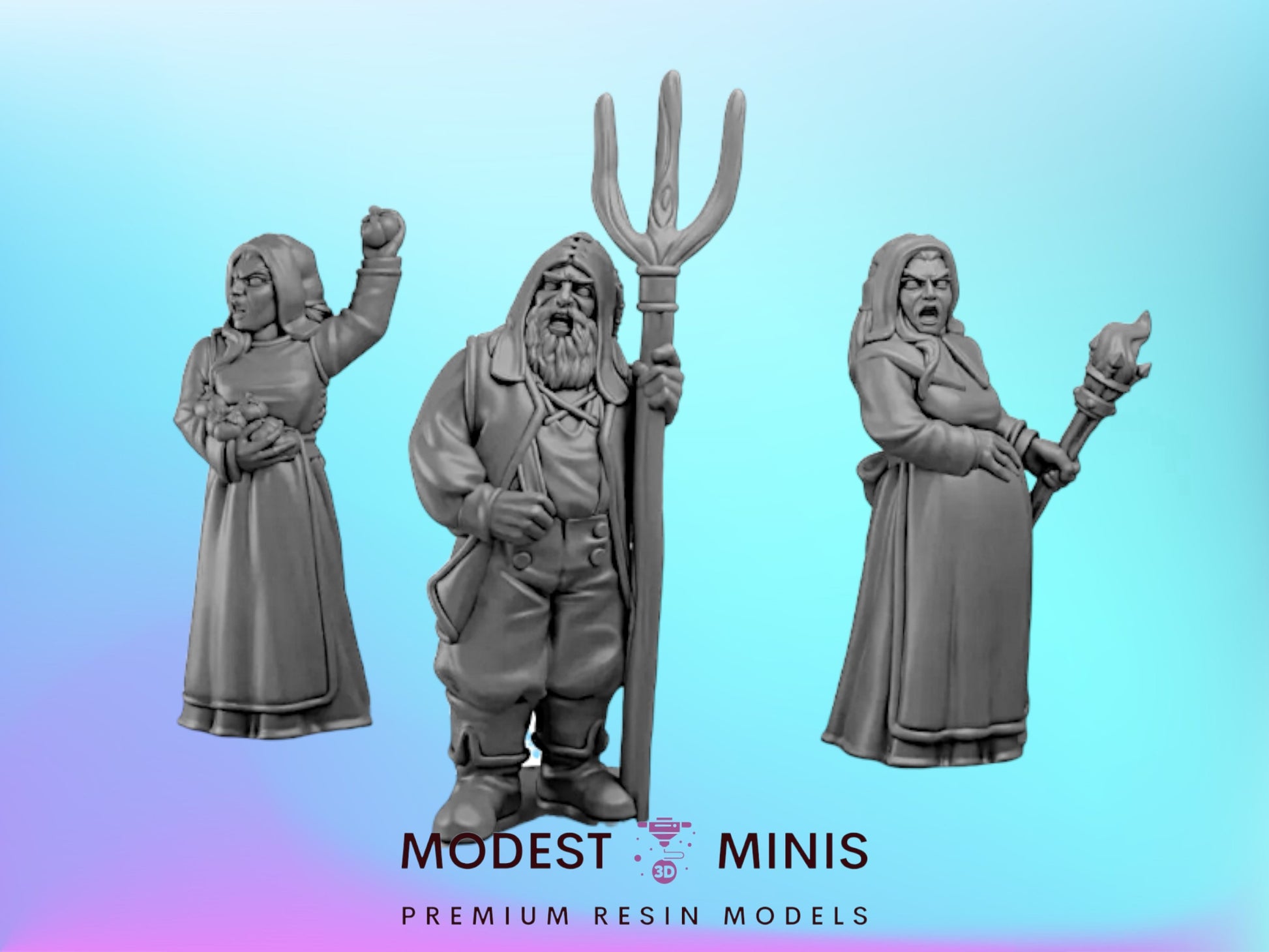 three figurines of women, each holding a different object, against a blue background.