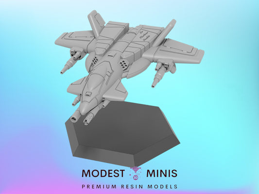 A 3D model of a futuristic fighter jet or spaceship, with a sleek and aerodynamic design, is shown against a gradient blue background.