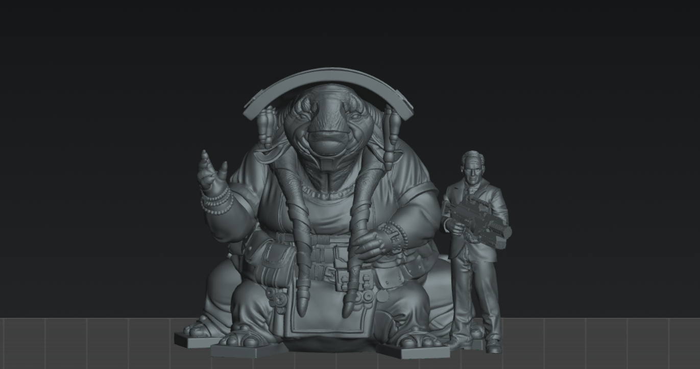 A 3D rendering of a large, fantastical creature with a distinctive headdress, sitting on a platform and holding a weapon. There is also a smaller figure of a human standing next to the creature.