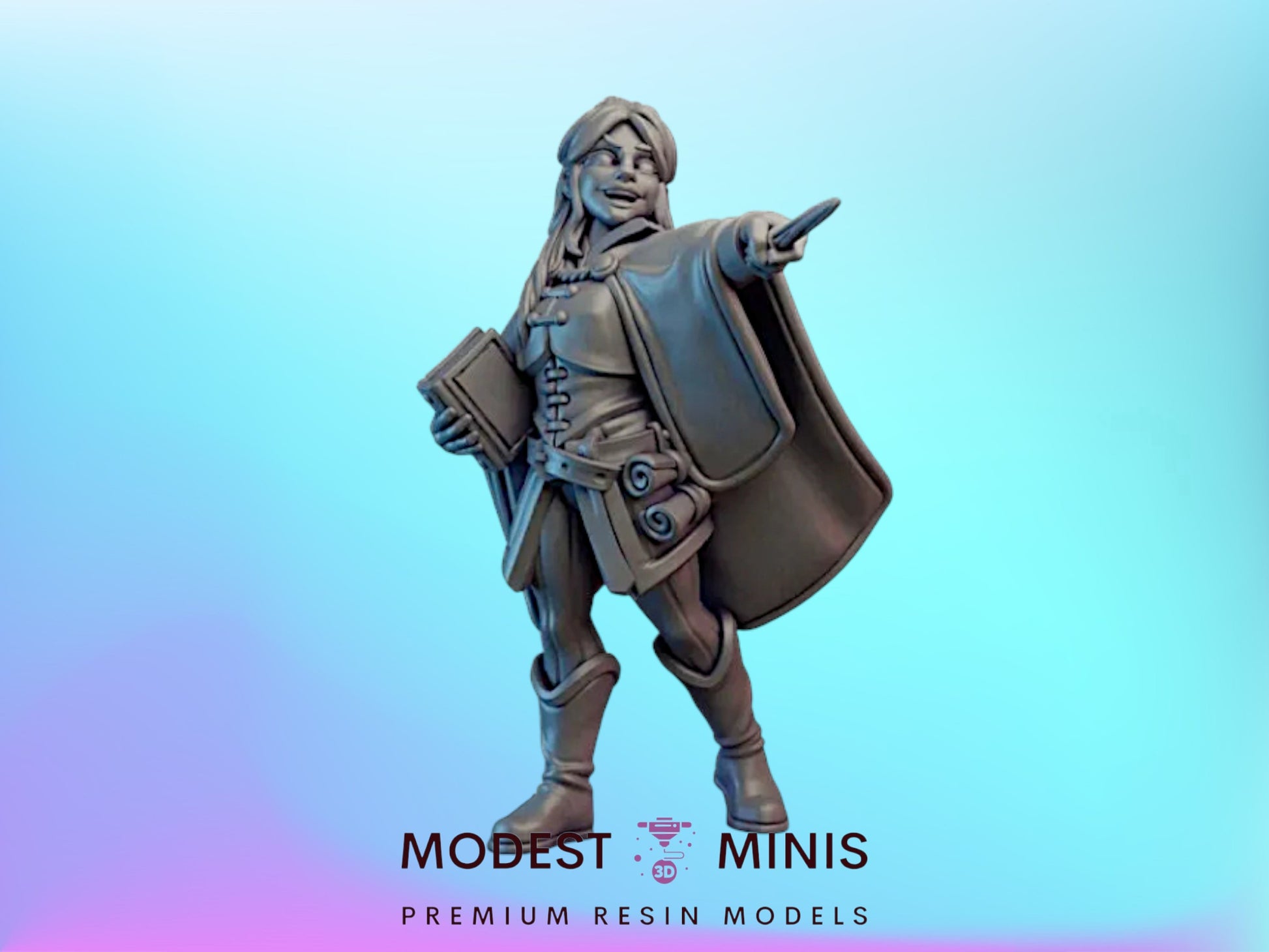 A figurine of a person wearing a cape and holding a book, standing against a blue background.