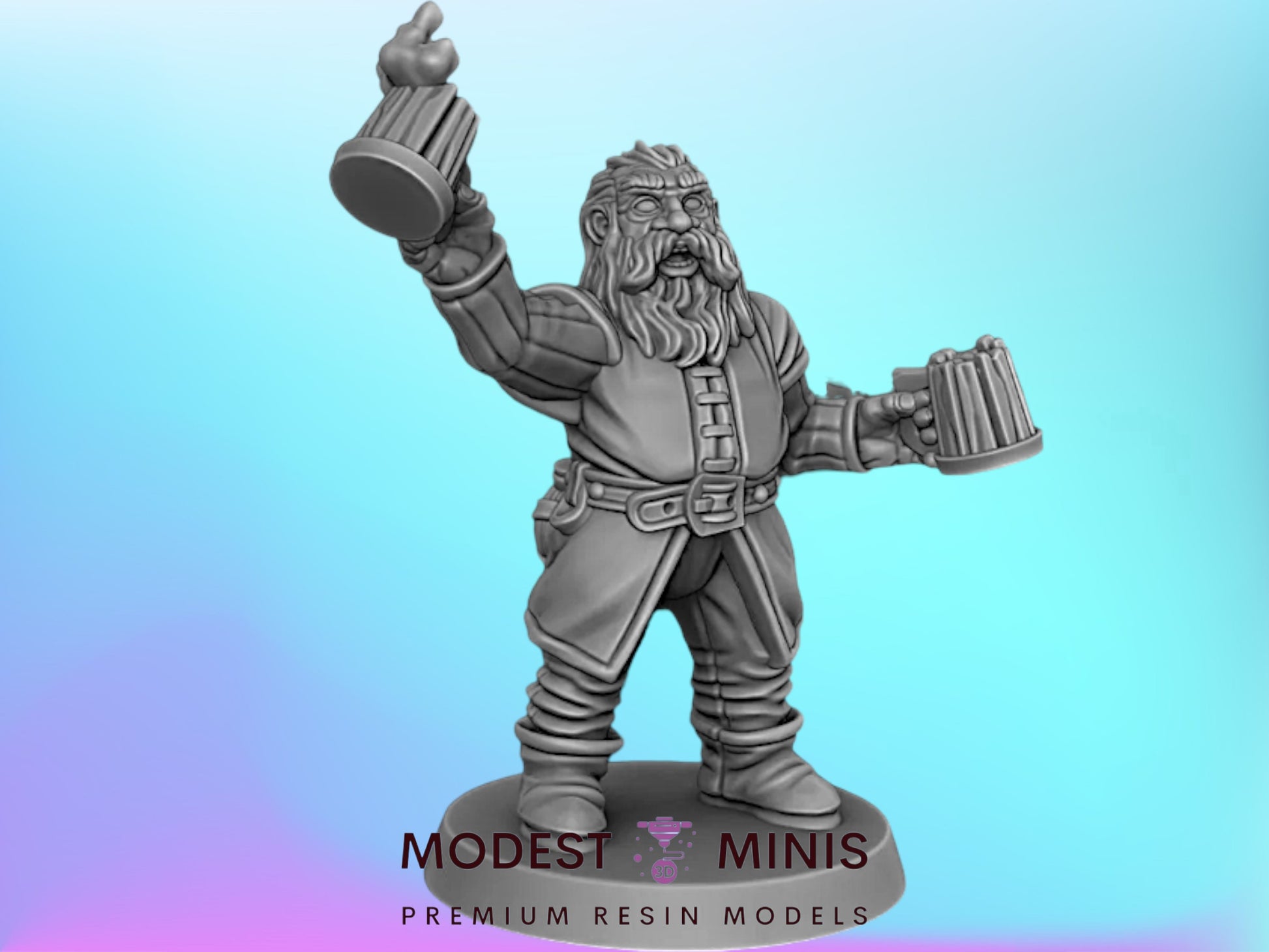 A figurine of a bearded man holding a mug and standing with his arms raised.