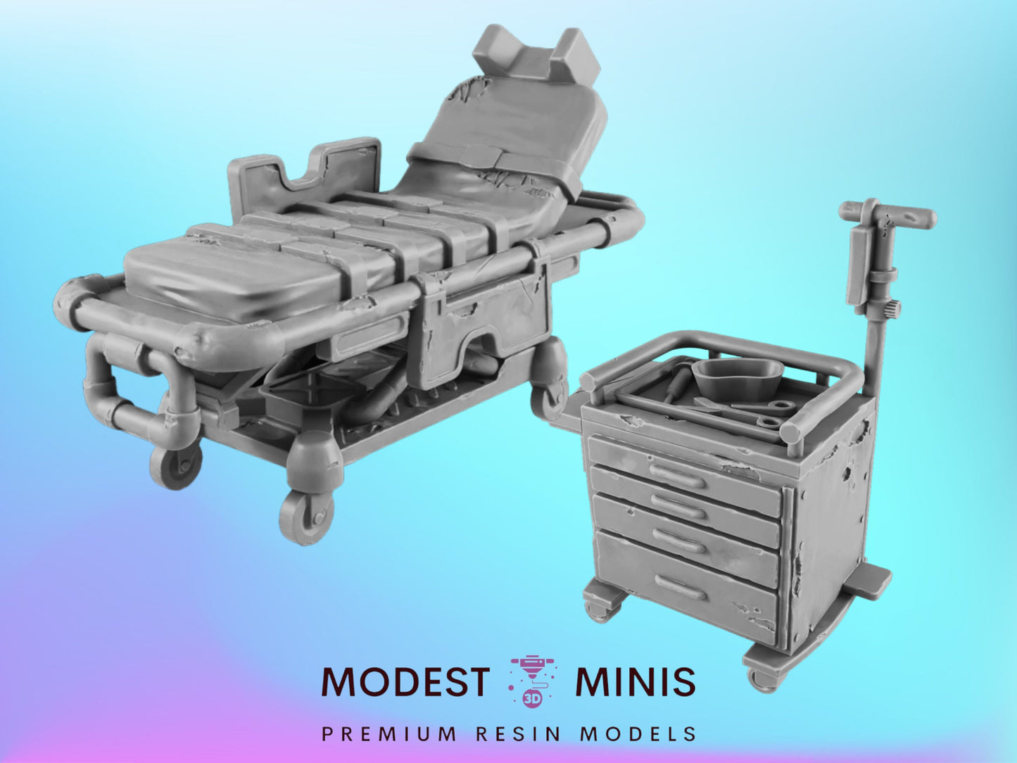 Gurney and Crash Cart | 28mm - 54mm Scale | Survivor Terrain | Medical Scatter | Sci Fi Terrain | EC3D Badlands