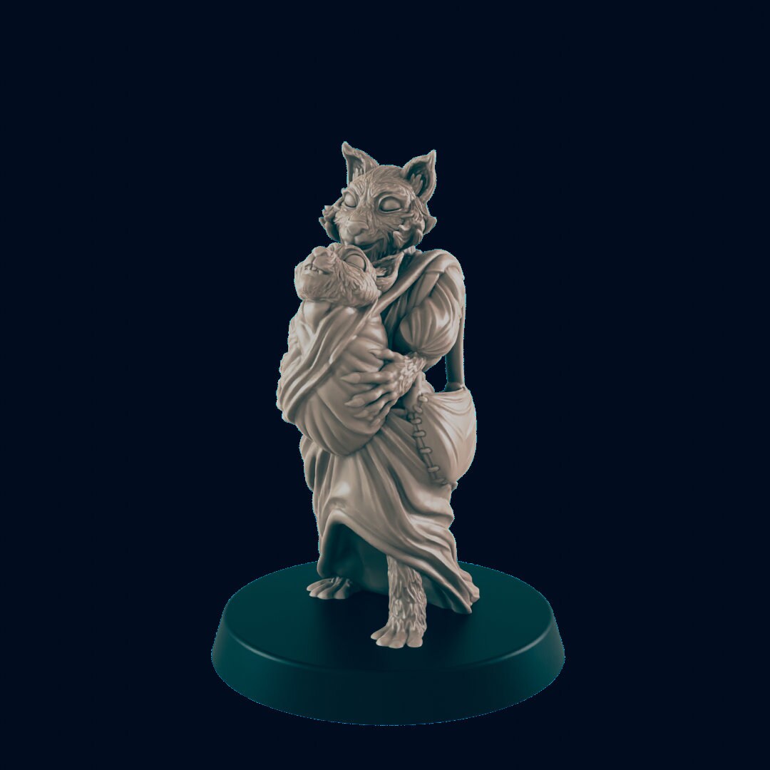 NPC Catfolk Mother and Child - 25mm - 75mm Scale | DnD | EC3D Fantasy Mini | Townsfolk