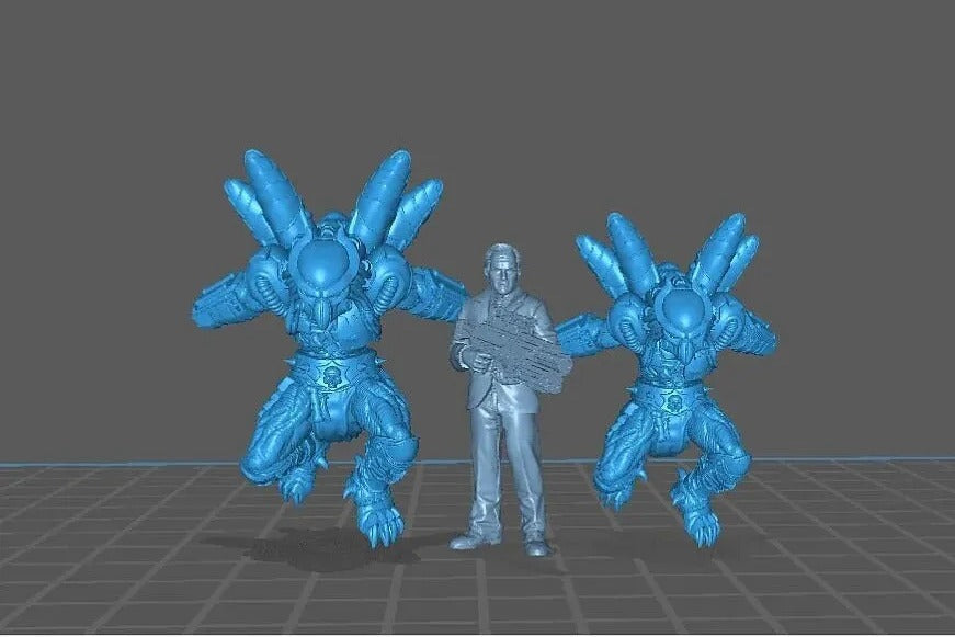 A 3D model of a man standing between two blue robotic figures, one of which is holding a gun.