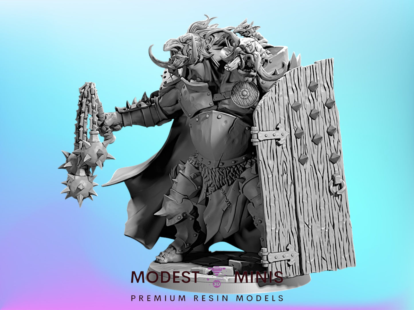 a detailed, intricate statue of a warrior figure, featuring a large, imposing presence with multiple heads and a fierce expression.