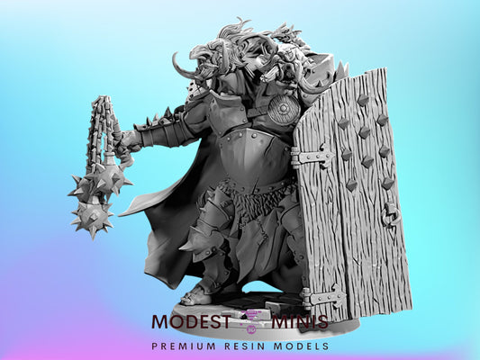 a detailed, intricate statue of a warrior figure, featuring a large, imposing presence with multiple heads and a fierce expression.