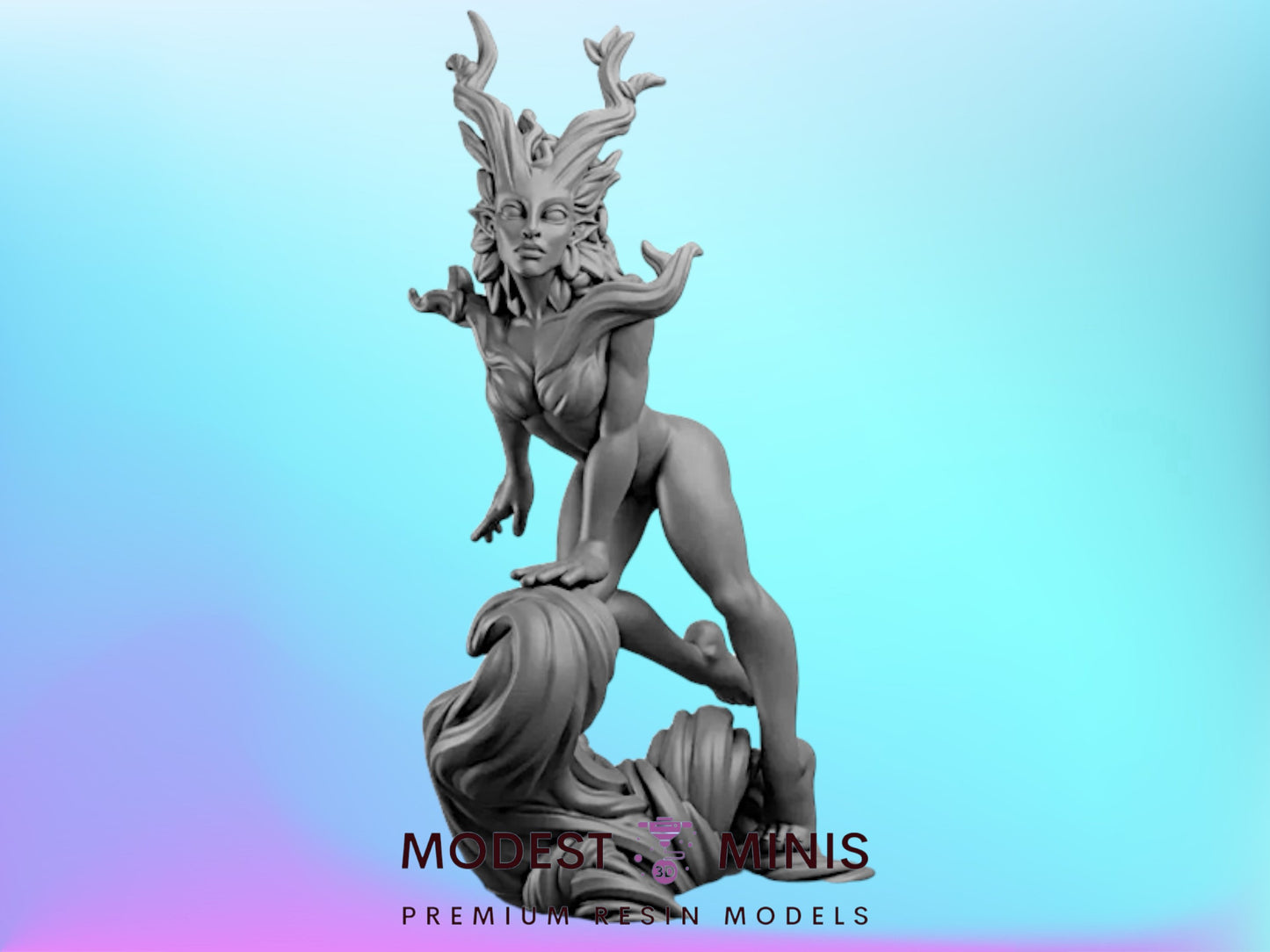 A statue of a woman with a flowing, ethereal hair design against a blue background.