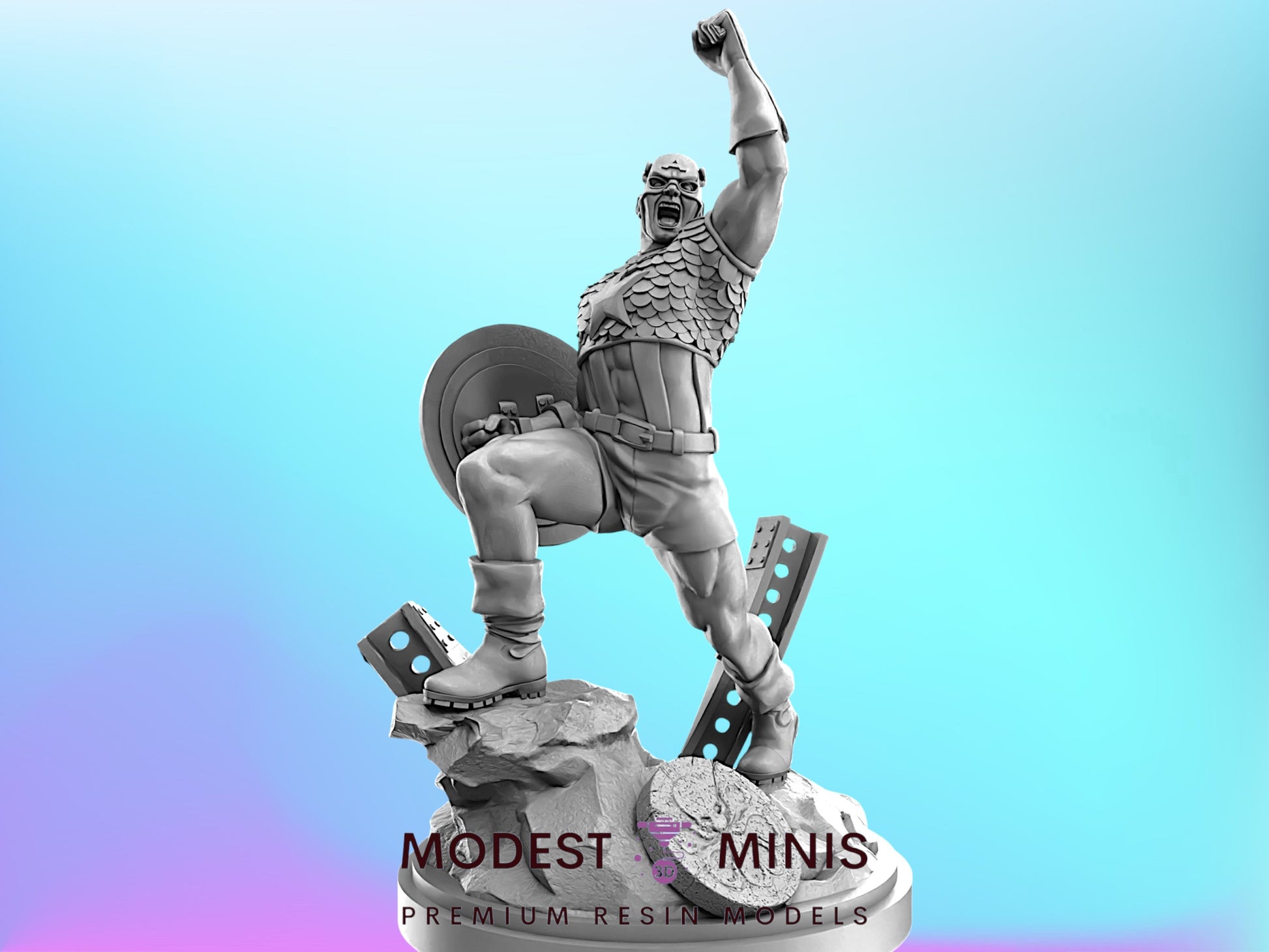 A statue of a muscular superhero figure, wearing a helmet and holding a shield, standing on a rocky base and raising their fist in a triumphant gesture.