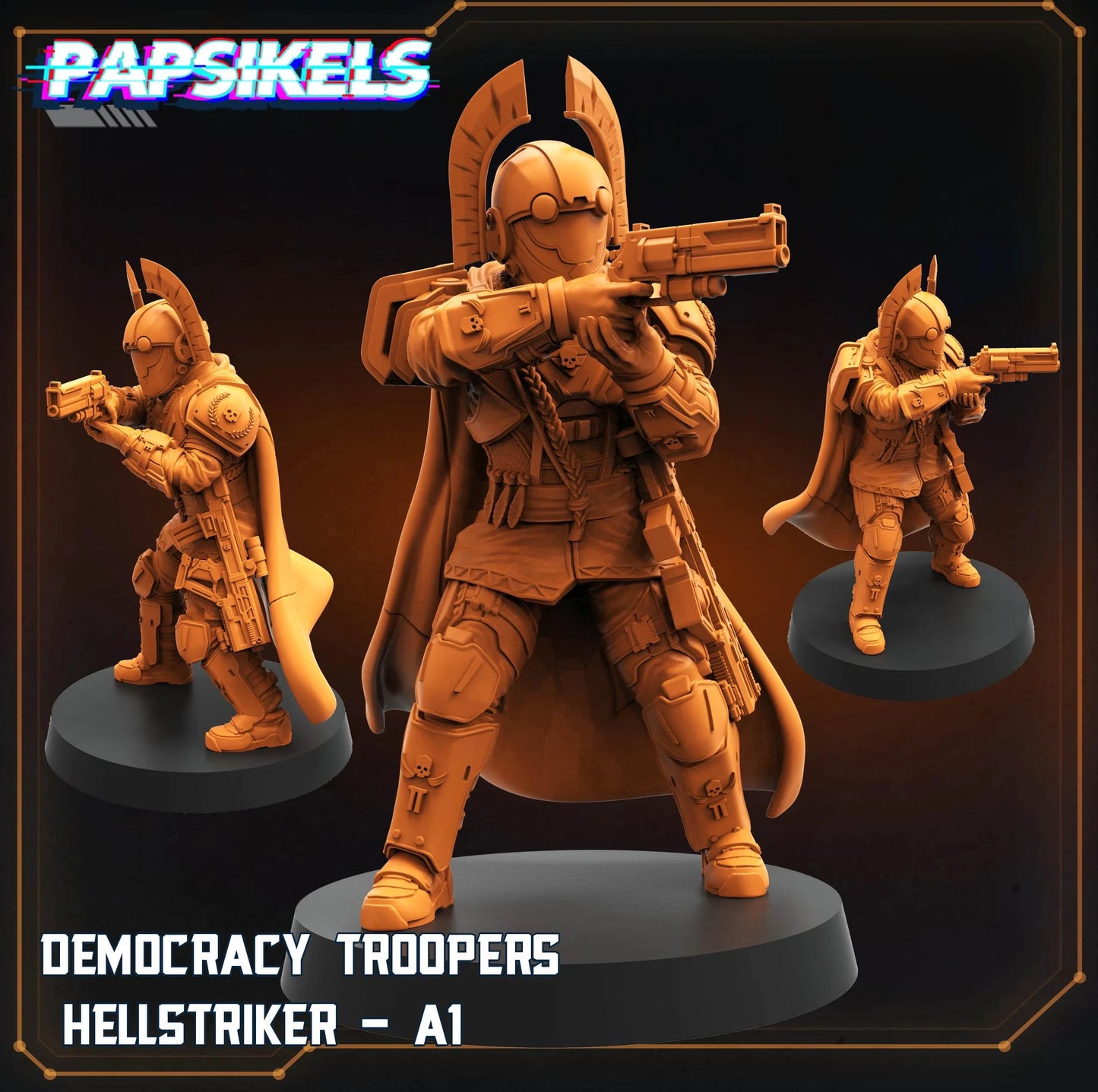 three 3D models of soldiers, specifically called "Democracy Troopers", who are armed with guns and are depicted in a fighting stance.
