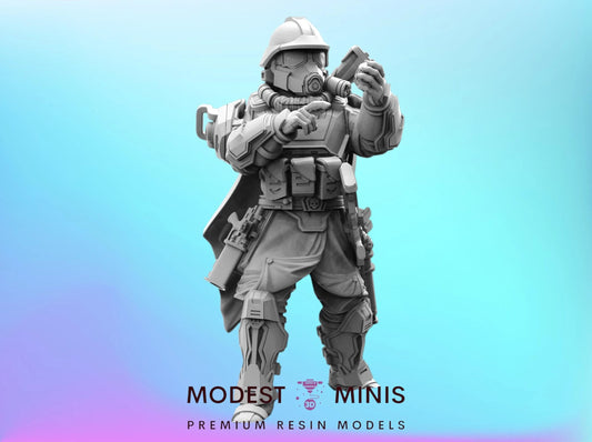 A 3D model of a soldier in a gas mask, holding a weapon, standing against a blue background.