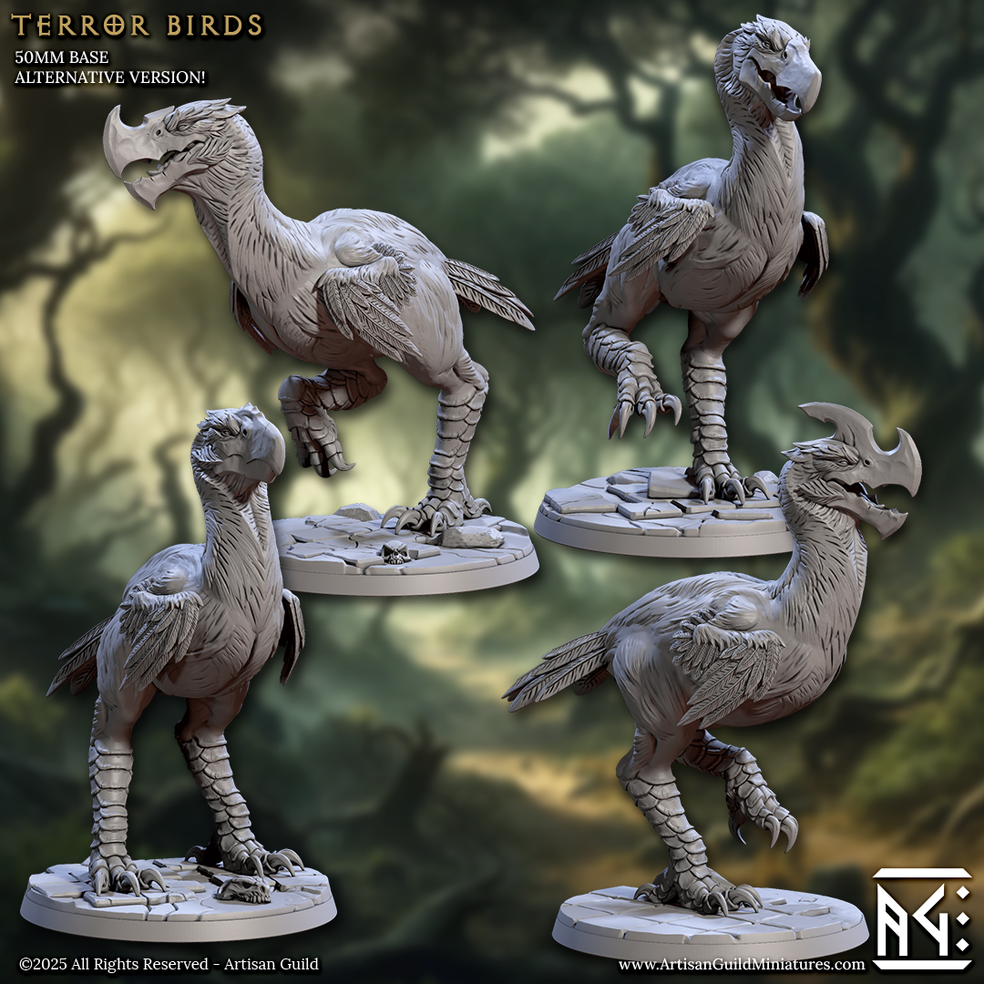 The image is a collage of four different views of a large, winged creature resembling a bird or dinosaur. The creature has a long neck, sharp beak, and sharp talons, and is standing on a base. The background is a blurred, natural landscape with trees and foliage.