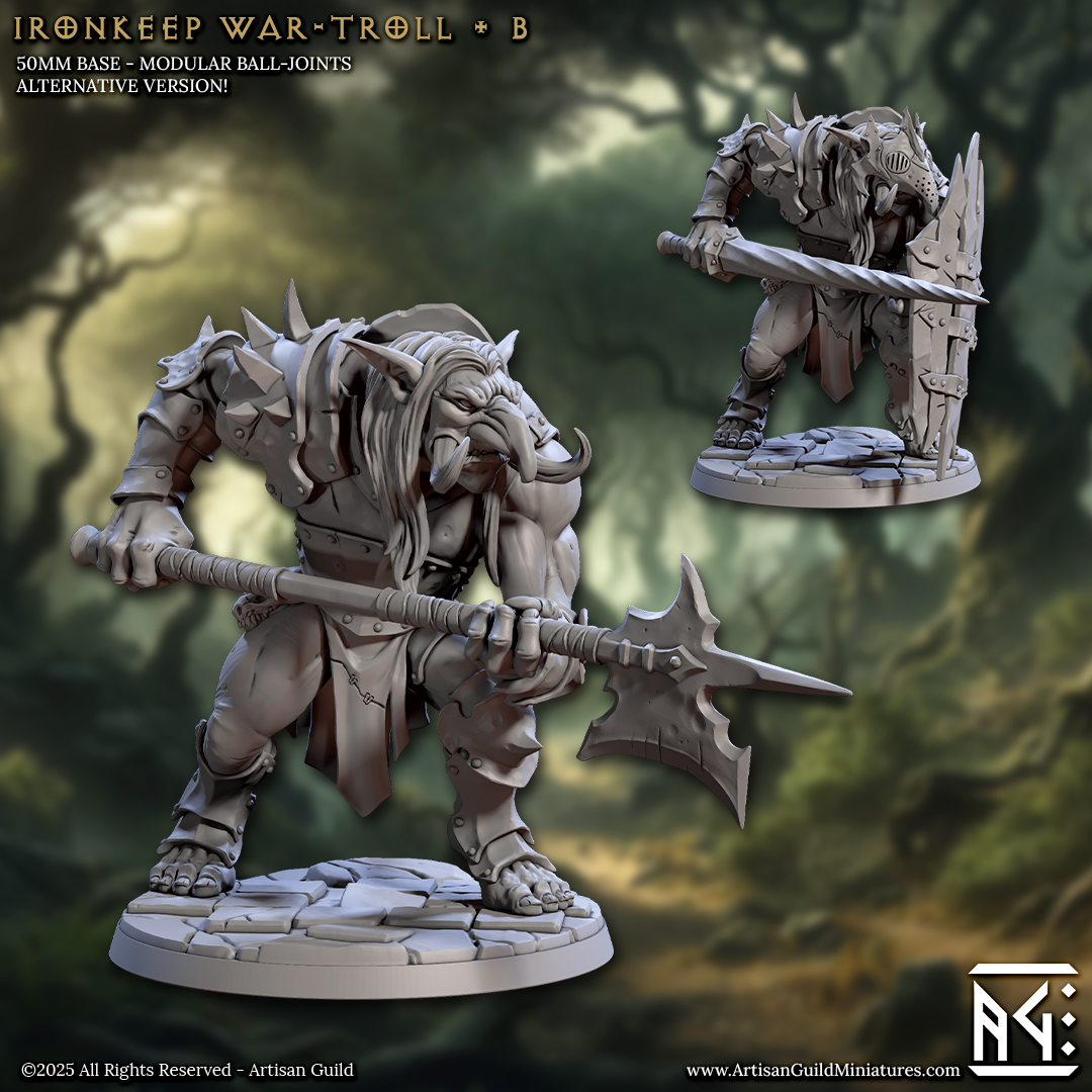 two detailed models of Ironknee War-Trolls, a type of fantasy creature, each holding a weapon and standing on a base.
