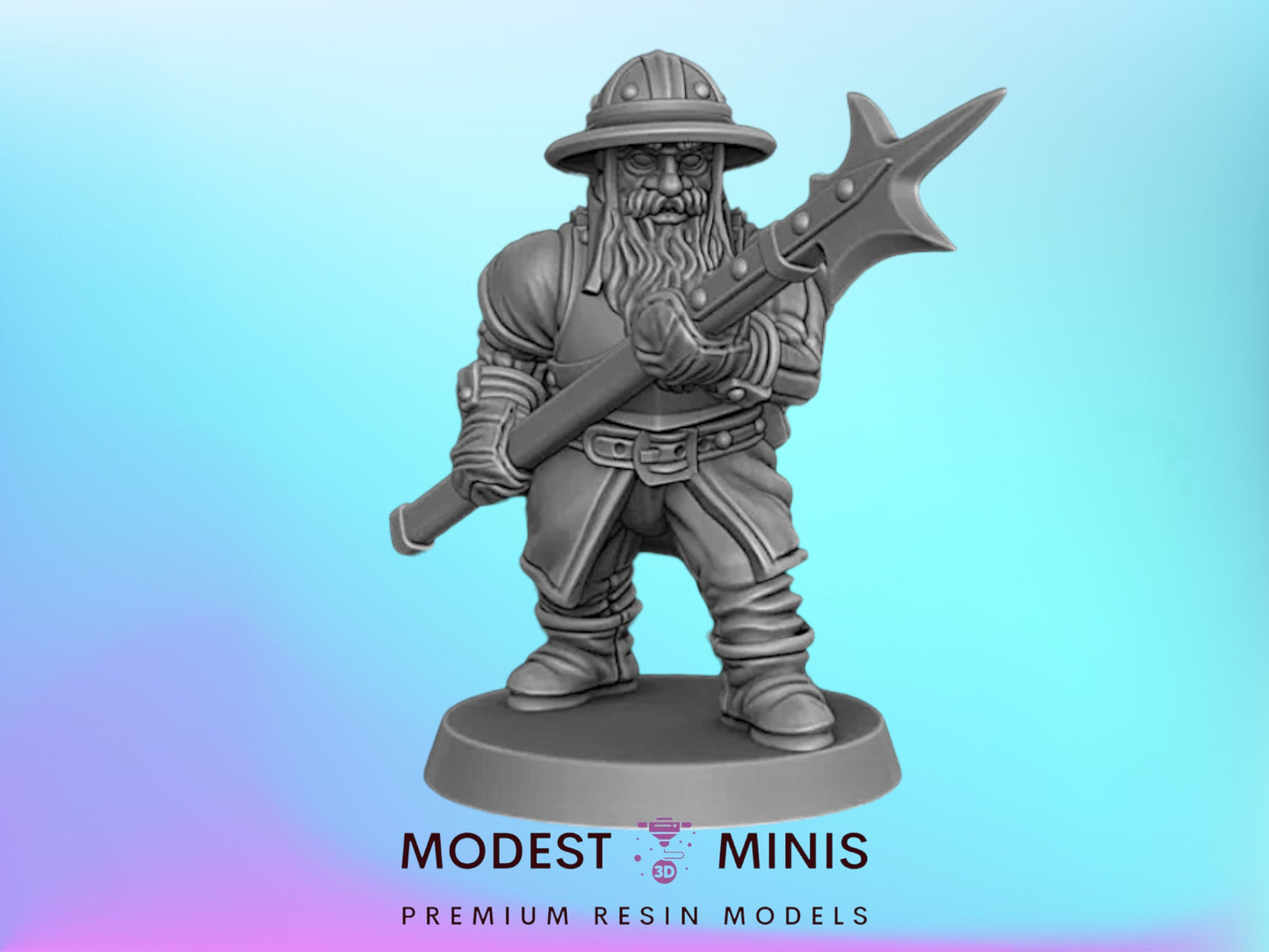 A 3D model of a dwarf warrior holding a spear and shield, standing on a base.