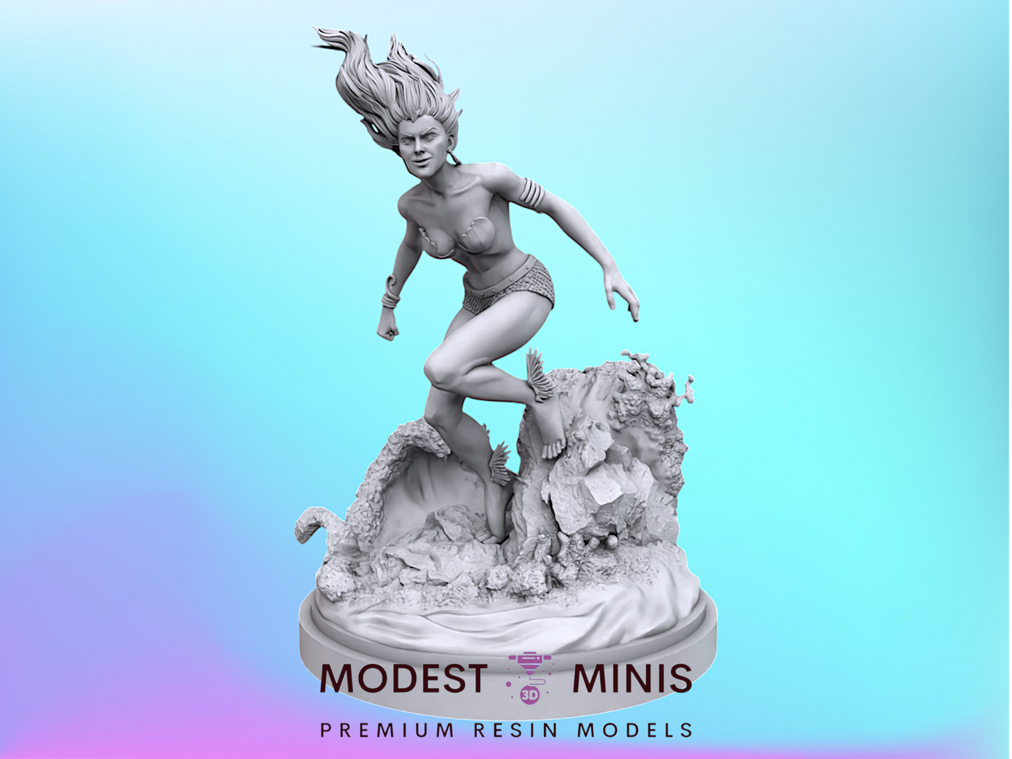 A 3D model of a female character with flowing hair and a dynamic pose, standing on a rocky surface against a blue background.