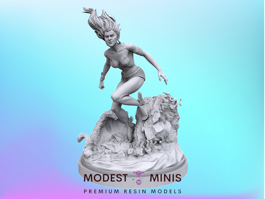 A 3D model of a female character with flowing hair and a dynamic pose, standing on a rocky surface against a blue background.