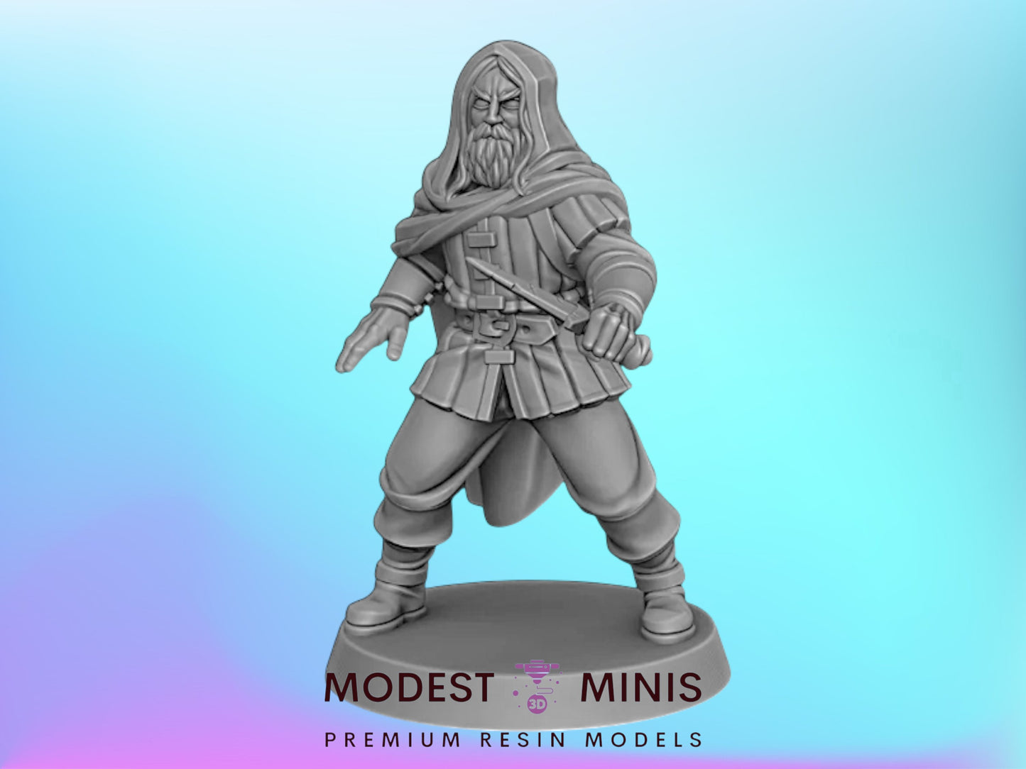 A statue of a bearded man in a long robe, holding a sword, against a blue background.