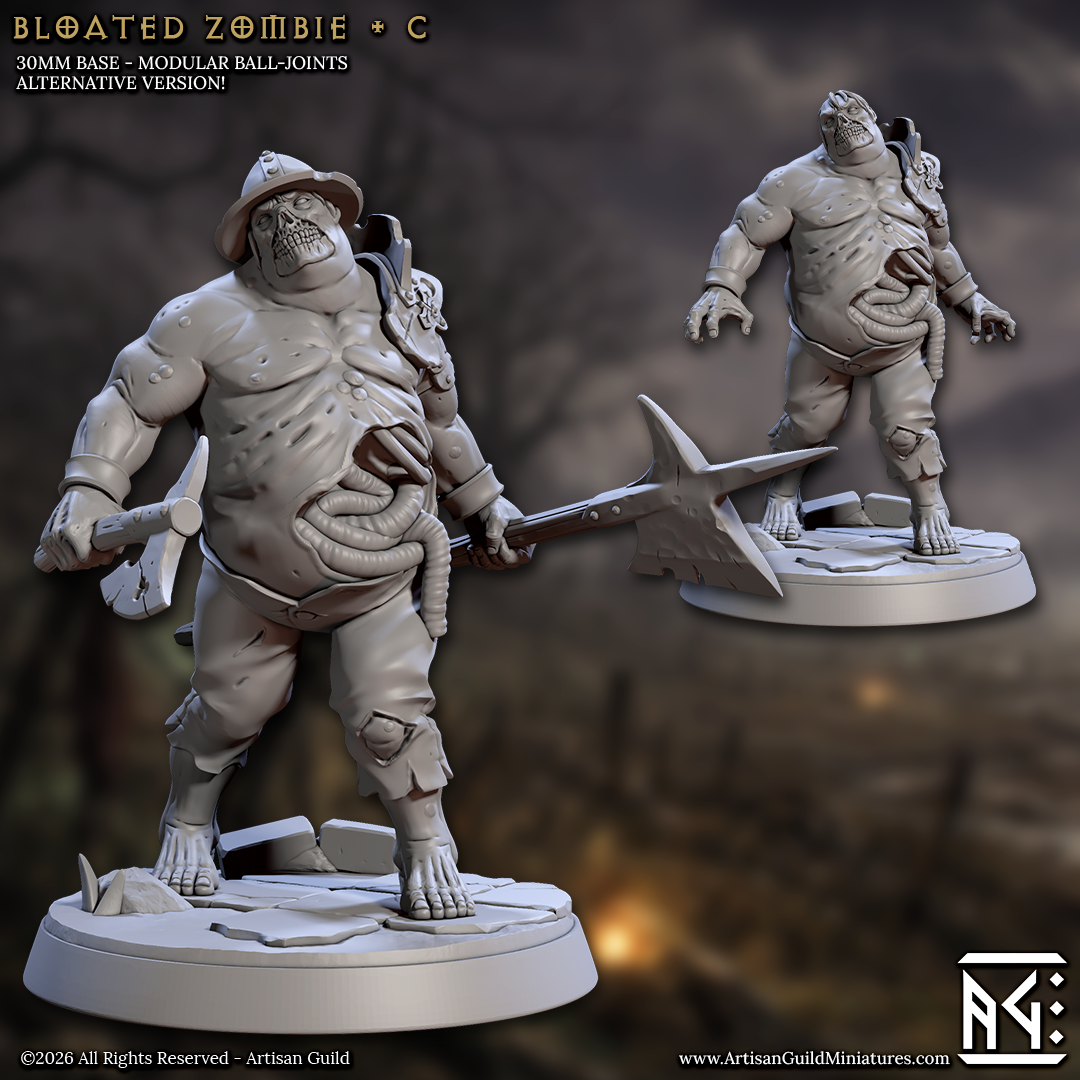 two 3D models of a zombie character, one standing and one kneeling, both holding a weapon.