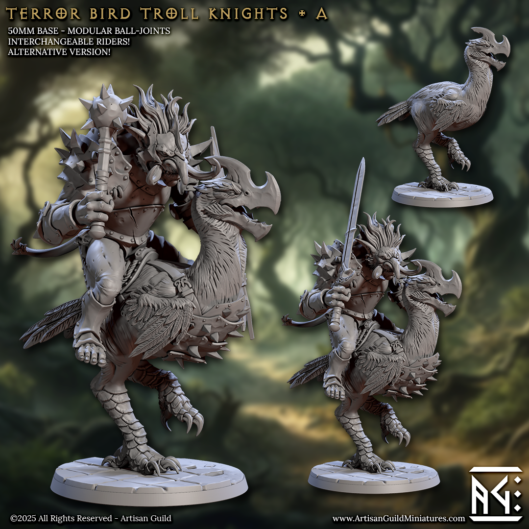 three detailed figurines of a creature resembling a bird, possibly a dragon or a mythical beast, with various weapons and armor. The figurines are set against a backdrop of a forest or jungle, adding to the overall aesthetic of the scene.