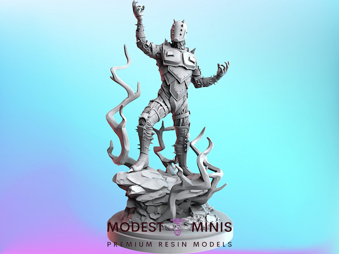 A 3D model of a character with raised arms, standing on a rock formation against a blue background.