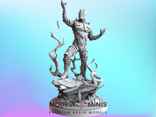A 3D model of a character with raised arms, standing on a rock formation against a blue background.