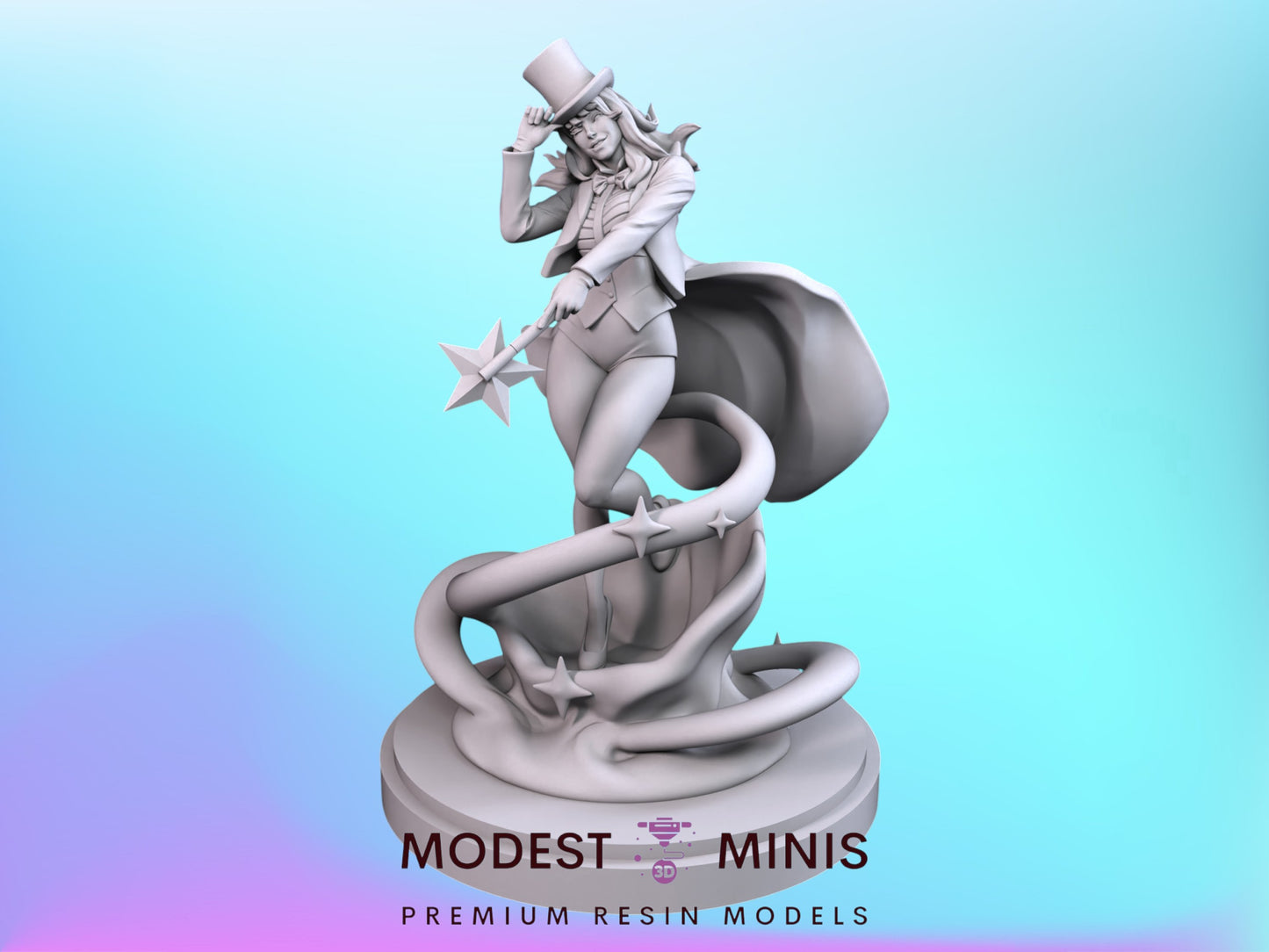 a statue of a woman with a top hat and a wand, standing on a pedestal.