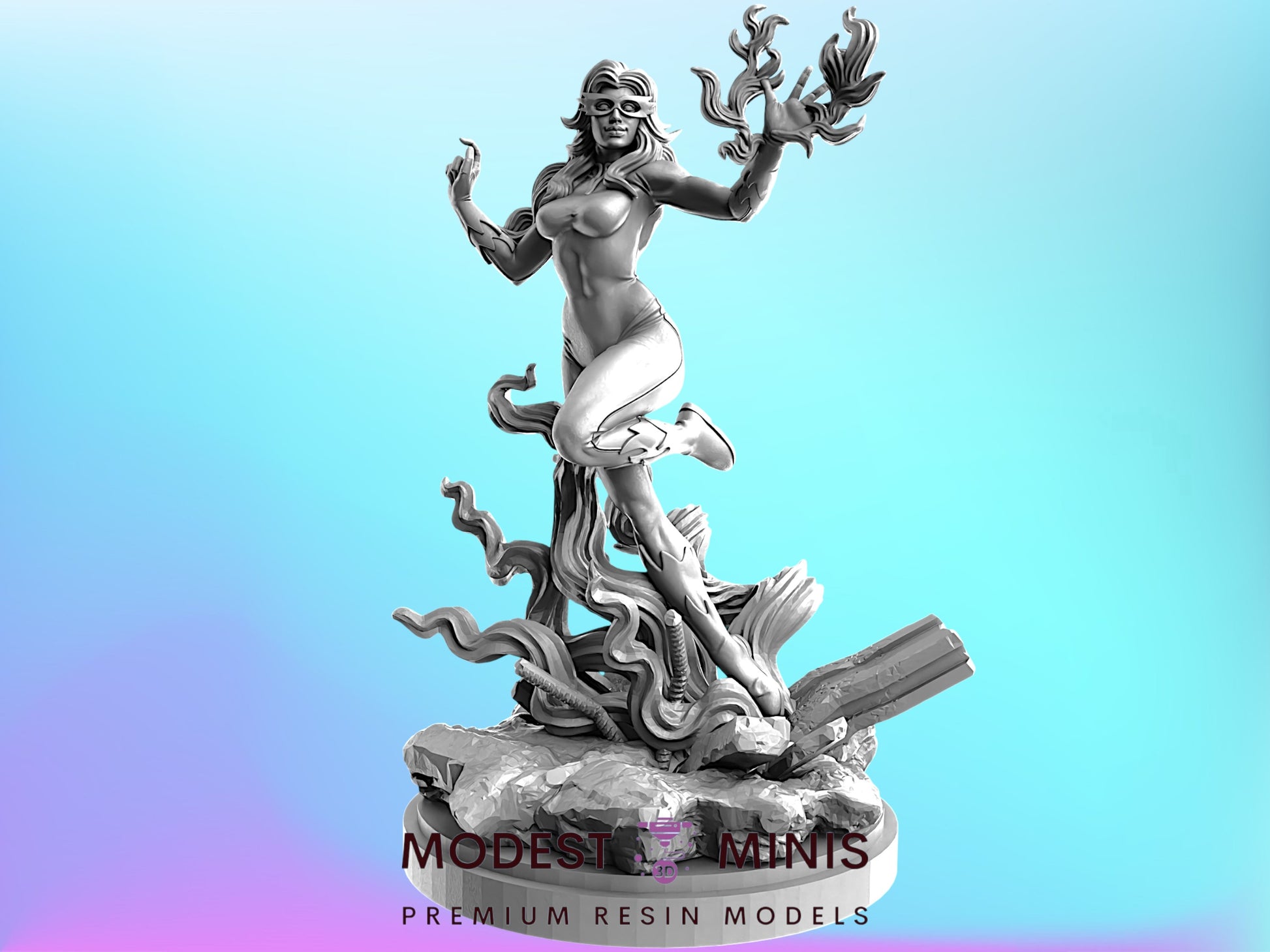 A statue of a woman with a flowing, ethereal figure in her hands, set against a blue background.