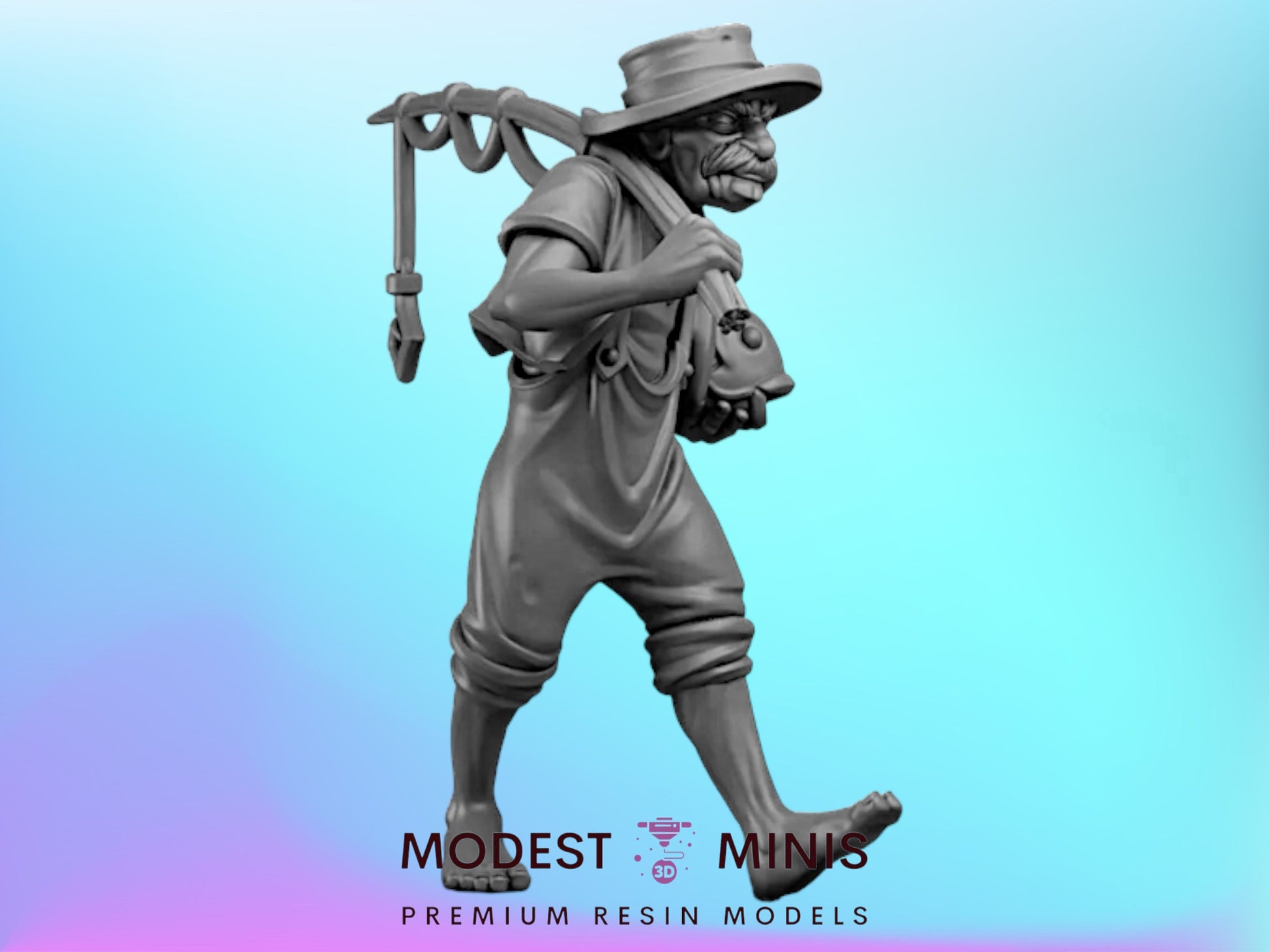 A statue of a person wearing a hat and carrying a bag, set against a blue background.